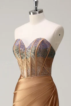 Castanho Querida Sereia Sereia Cetim Prom Vestido com Fenda