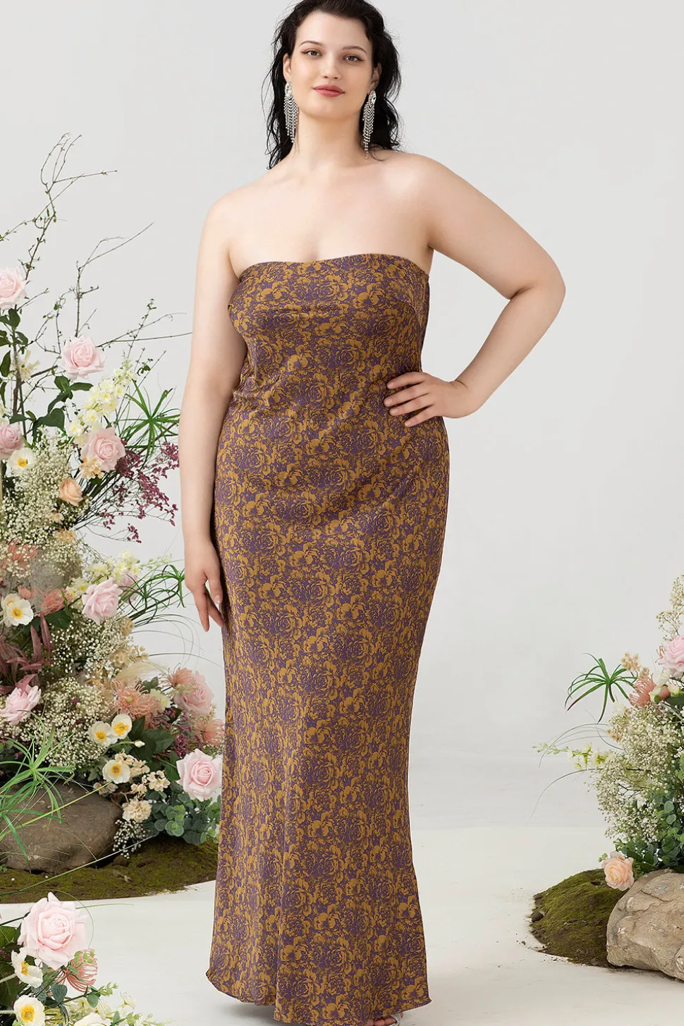 Castanho Sem Cintas Tamanho Grande Vestido de Dama de Honor