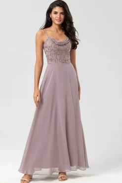 Certificably Chic A Line Espaghetti Correias Dusty Rosa Vestido Longo Madrinha com Missangas