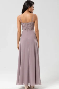 Certificably Chic A Line Espaghetti Correias Dusty Rosa Vestido Longo Madrinha com Missangas
