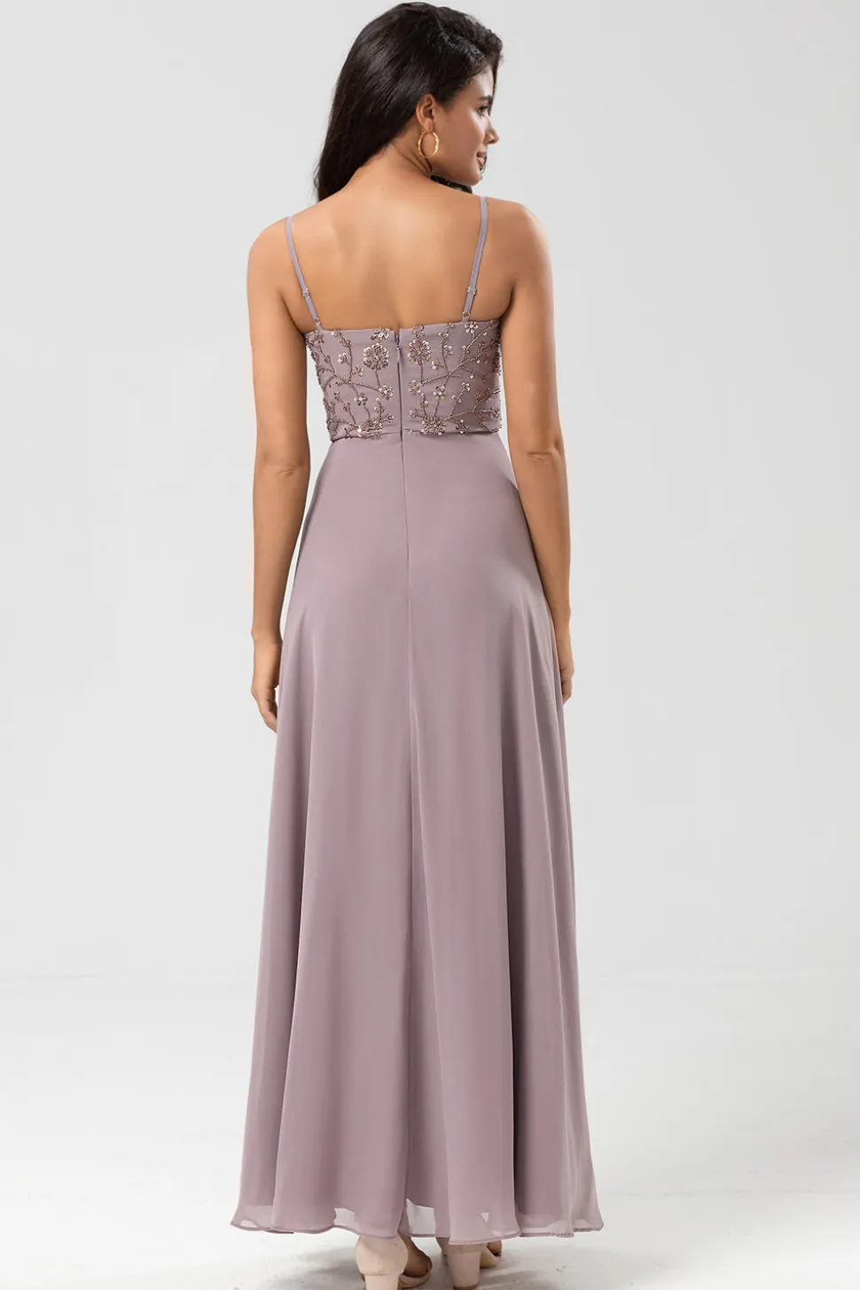 Certificably Chic A Line Espaghetti Correias Dusty Rosa Vestido Longo Madrinha com Missangas