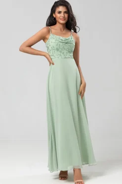 Certificably Chic A Line Espaghetti Correias Dusty Rosa Vestido Longo Madrinha com Missangas