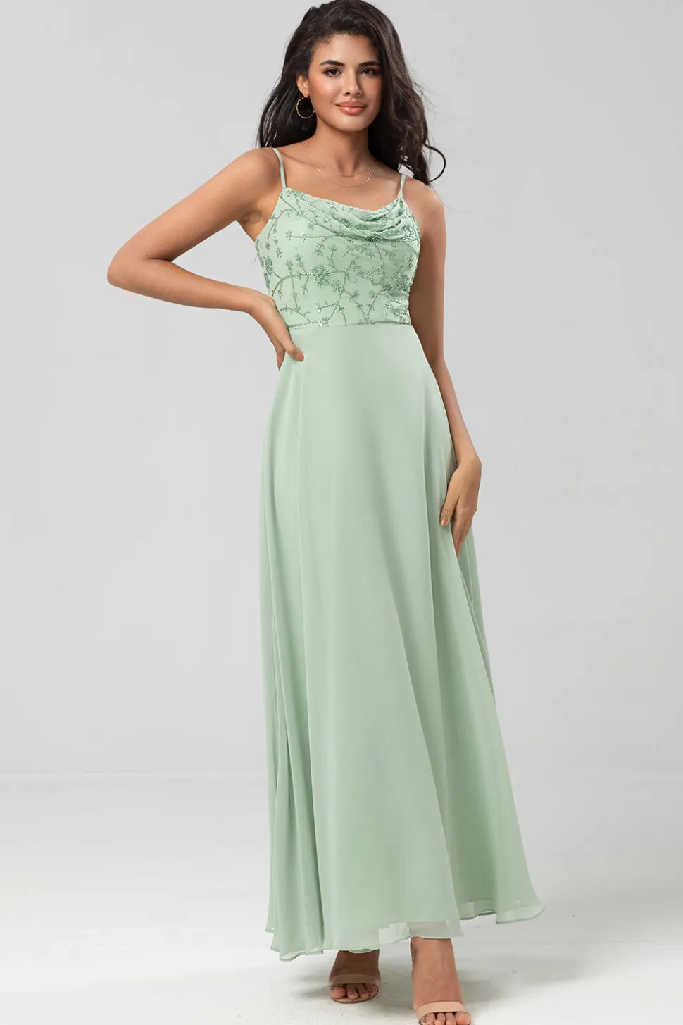 Certificably Chic A Line Espaghetti Correias Dusty Rosa Vestido Longo Madrinha com Missangas