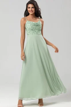 Certificably Chic A Line Espaghetti Correias Dusty Rosa Vestido Longo Madrinha com Missangas