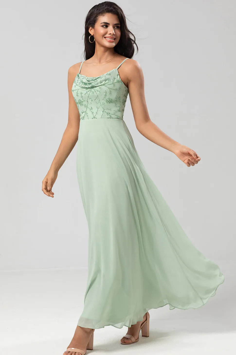 Certificably Chic A Line Espaghetti Correias Dusty Rosa Vestido Longo Madrinha com Missangas