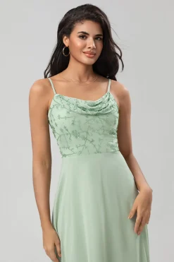 Certificably Chic A Line Espaghetti Correias Dusty Rosa Vestido Longo Madrinha com Missangas