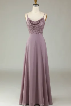 Certificably Chic A Line Espaghetti Correias Dusty Rosa Vestido Longo Madrinha com Missangas