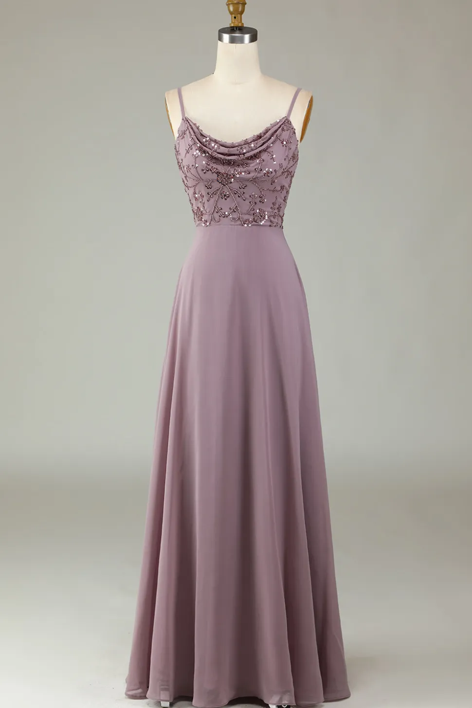 Certificably Chic A Line Espaghetti Correias Dusty Rosa Vestido Longo Madrinha com Missangas