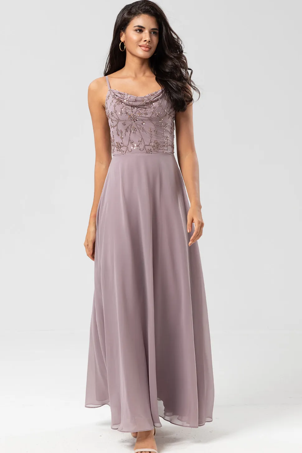 Certificably Chic A Line Espaghetti Correias Dusty Rosa Vestido Longo Madrinha com Missangas