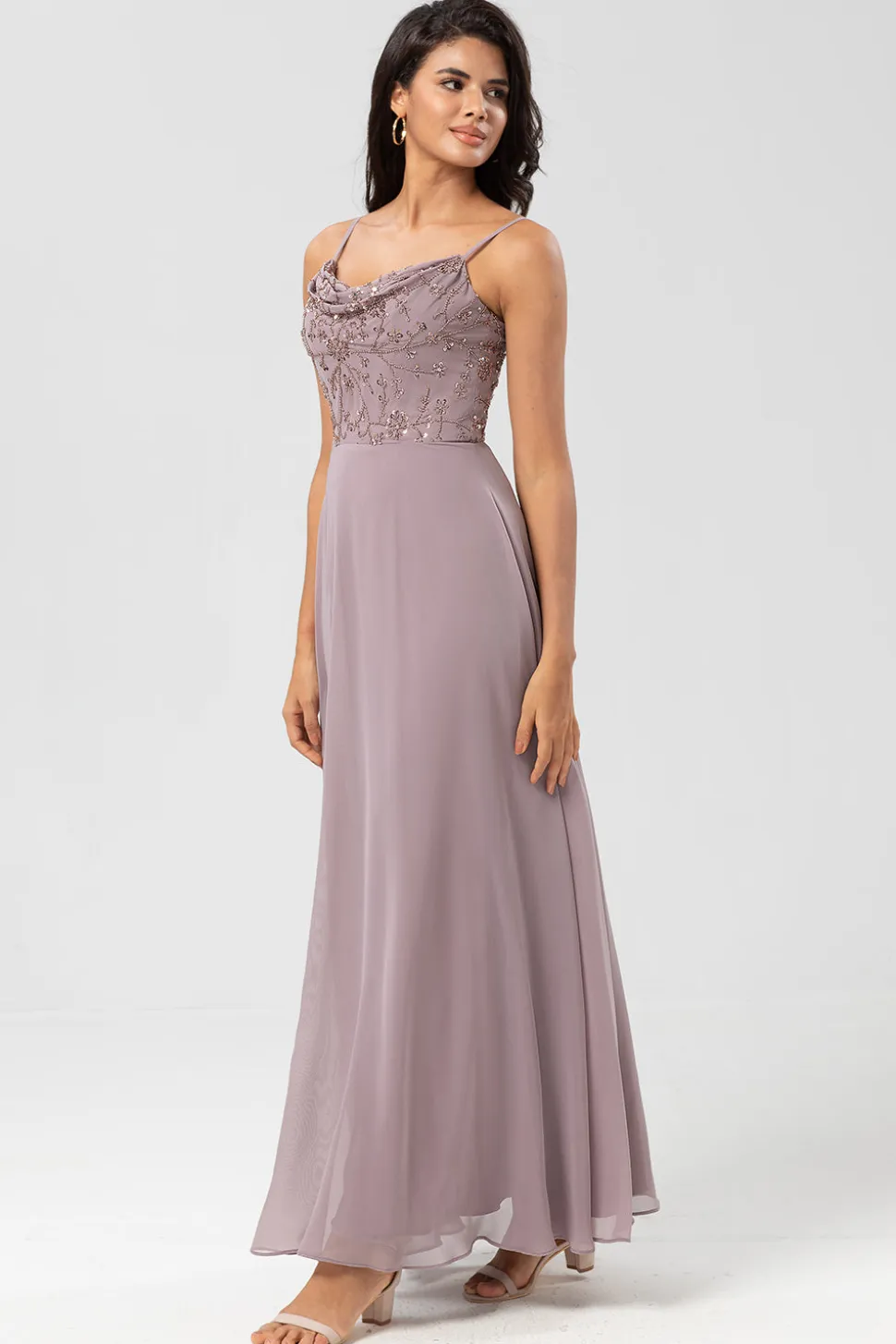 Certificably Chic A Line Espaghetti Correias Dusty Rosa Vestido Longo Madrinha com Missangas
