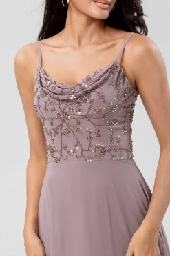 Certificably Chic A Line Espaghetti Correias Dusty Rosa Vestido Longo Madrinha com Missangas