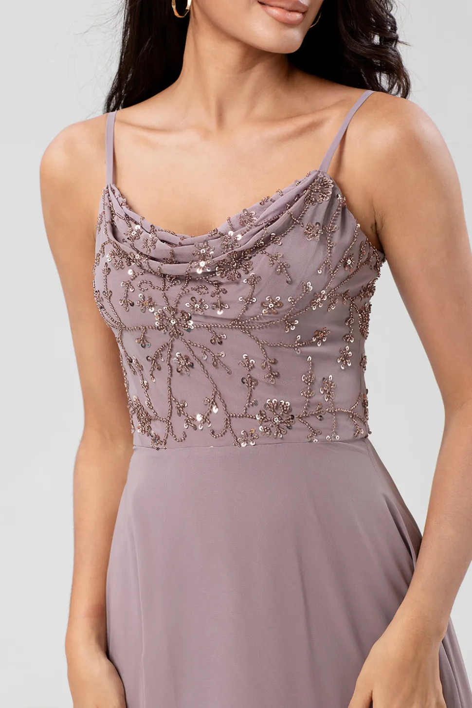 Certificably Chic A Line Espaghetti Correias Dusty Rosa Vestido Longo Madrinha com Missangas