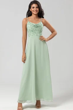 Certificably Chic A Line Espaghetti Correias Dusty Rosa Vestido Longo Madrinha com Missangas