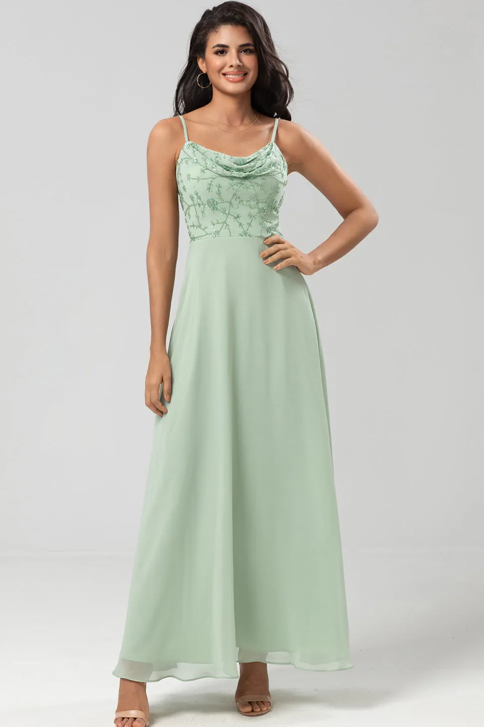 Certificably Chic A Line Espaghetti Correias Dusty Rosa Vestido Longo Madrinha com Missangas