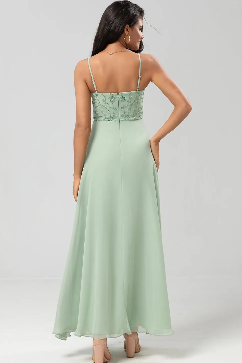 Certificably Chic A Line Espaghetti Correias Dusty Rosa Vestido Longo Madrinha com Missangas