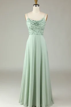 Certificably Chic A Line Espaghetti Correias Dusty Rosa Vestido Longo Madrinha com Missangas