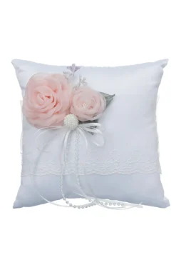 Cesta de casamento branca e conjunto de travesseiros com flor rosa