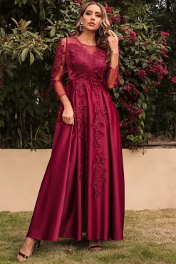Cetim A Line Vestido de Festa com Mangas Longas