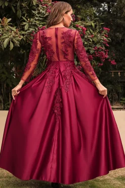 Cetim A Line Vestido de Festa com Mangas Longas
