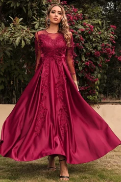 Cetim A Line Vestido de Festa com Mangas Longas