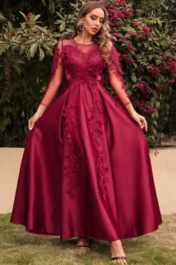 Cetim A Line Vestido de Festa com Mangas Longas