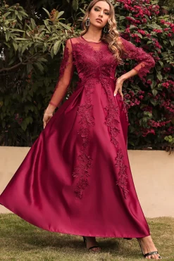 Cetim A Line Vestido de Festa com Mangas Longas