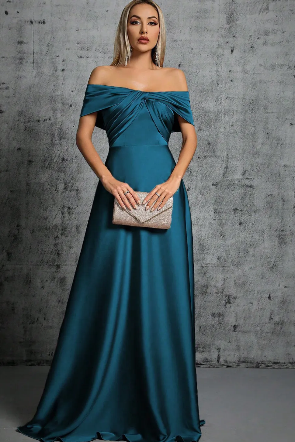 Cetim azul pavão fora do ombro vestido formal