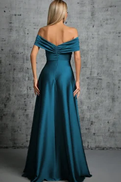 Cetim azul pavão fora do ombro vestido formal