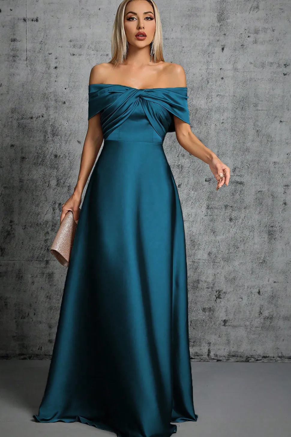 Cetim azul pavão fora do ombro vestido formal