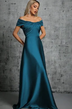 Cetim azul pavão fora do ombro vestido formal
