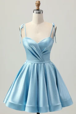 Cetim Azul Uma Linha Esparguete Curto Correias Homecoming Dress