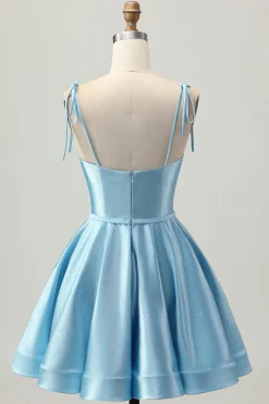 Cetim Azul Uma Linha Esparguete Curto Correias Homecoming Dress