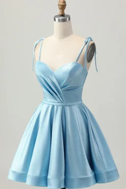 Cetim Azul Uma Linha Esparguete Curto Correias Homecoming Dress