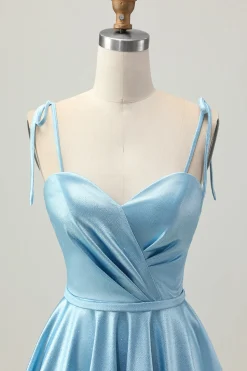 Cetim Azul Uma Linha Esparguete Curto Correias Homecoming Dress