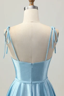 Cetim Azul Uma Linha Esparguete Curto Correias Homecoming Dress