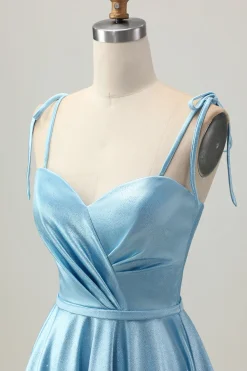Cetim Azul Uma Linha Esparguete Curto Correias Homecoming Dress