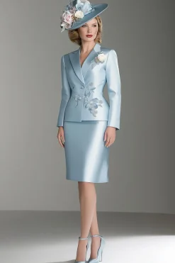 Cetim Azul V-Neck Mangas Longas 2 peças Mãe Do Vestido Da Noiva