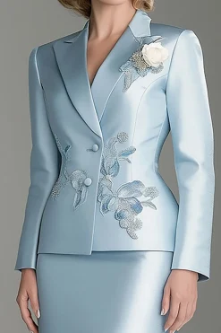 Cetim Azul V-Neck Mangas Longas 2 peças Mãe Do Vestido Da Noiva