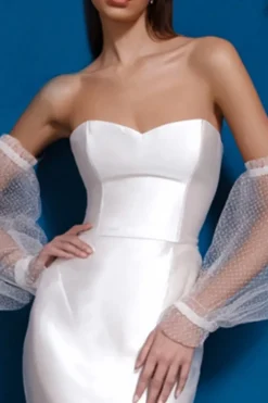 Cetim branco bodycon querida midi vestido de noiva