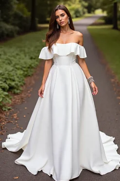 Cetim Branco De Baile/Princesa Sweep/Brush Trem Vestido de Noiva Princesa
