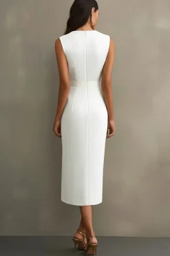 Cetim Branco Decote em V Midi Vestidos Cerimónia com Cinto