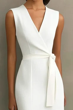 Cetim Branco Decote em V Midi Vestidos Cerimónia com Cinto