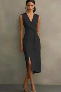 Cetim Branco Decote em V Midi Vestidos Cerimónia com Cinto