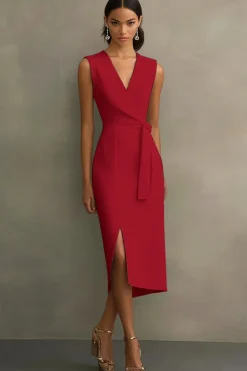 Cetim Branco Decote em V Midi Vestidos Cerimónia com Cinto