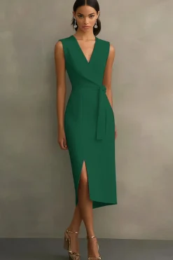 Cetim Branco Decote em V Midi Vestidos Cerimónia com Cinto