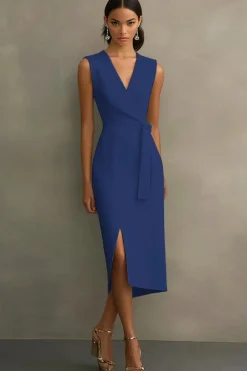 Cetim Branco Decote em V Midi Vestidos Cerimónia com Cinto