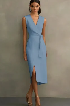 Cetim Branco Decote em V Midi Vestidos Cerimónia com Cinto