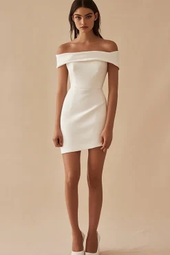 Cetim branco fora do ombro bainha vestido curto de formatura