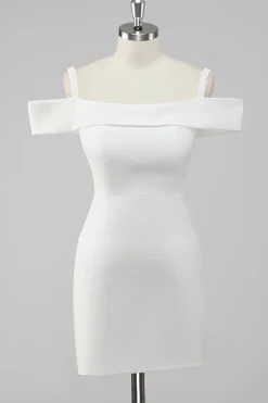 Cetim branco fora do ombro bainha vestido curto de formatura