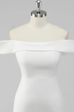 Cetim branco fora do ombro bainha vestido curto de formatura